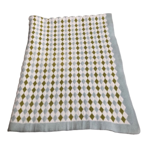 MIGI BLUE GREEN DIAMOND PATTERN ARGYLE BABY BLANKET 100% COTTON - Picture 1 of 11